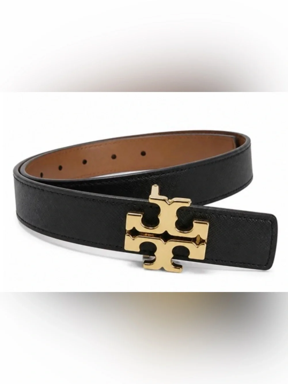 Tory Burch Reversible Britten Belt Black/Classic Tan With Gold Logo Buckle Small